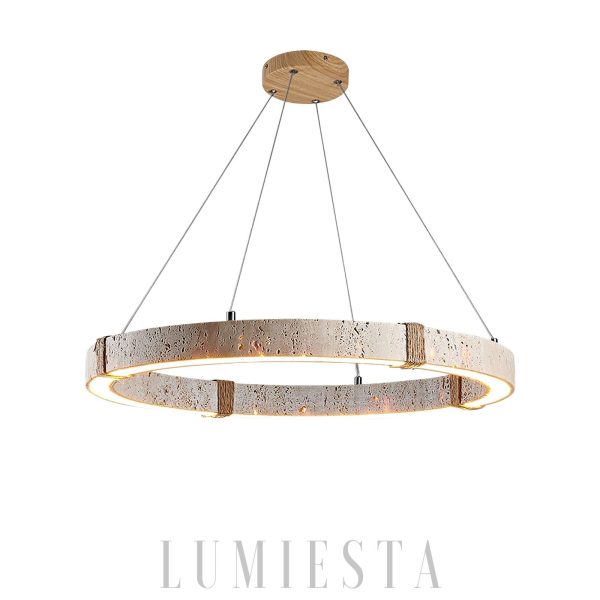 Dainolite - Okrągły żyrandol z trawertynu i drewna beżowy Ø40/50/60cm, do salonu, nad stół