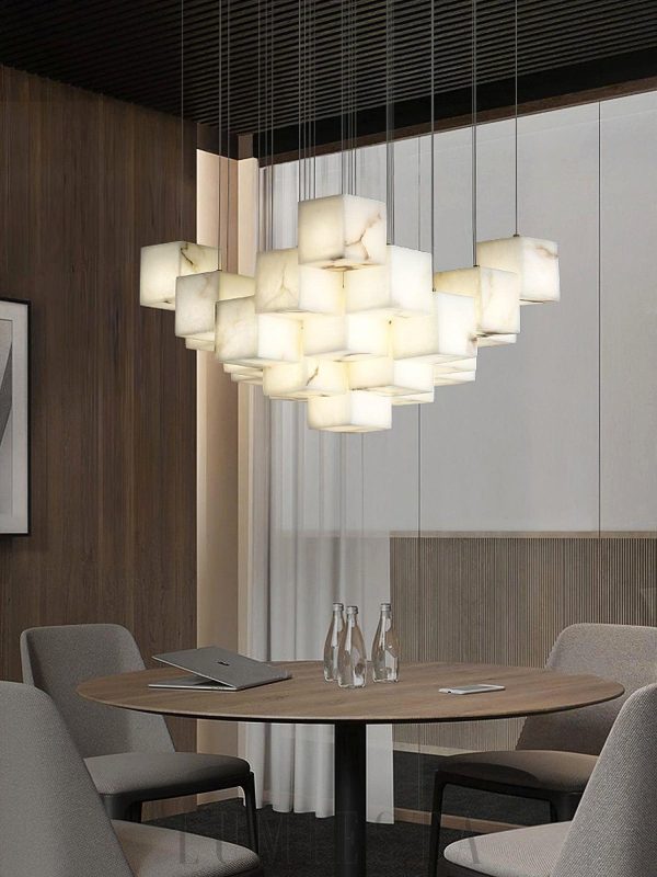 Lampa wisząca Alabaster Cube Box w złotym i białym stylu