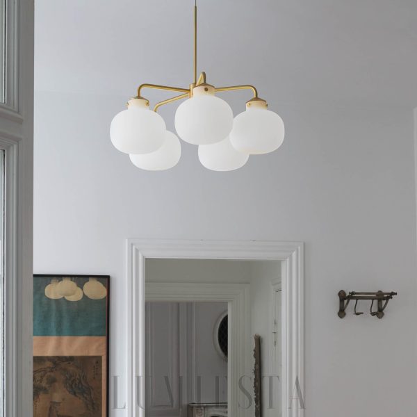 Raito - Lampa wisząca w stylu vintage - opalowe szkło, mosiądz - złoto-biała Ø57/67 cm