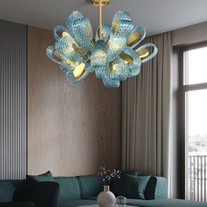 Warwick - Żyrandol niebieskie szkło, płatki, mosiężny 60 cm