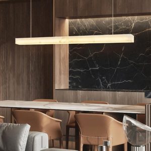 Liner - Nowoczesna podłużna lampa wisząca alabastrowa 100/120 cm, złoto-biała, żyrandol nad stół