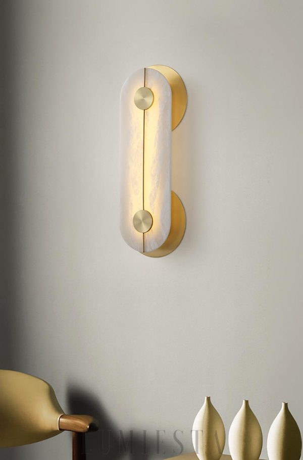 Kinkiet owalny z alabastru biały złoty elegancki