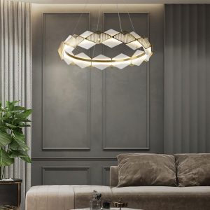 Portland - Żyrandol diamentowy okrągły, mosiądz i alabaster