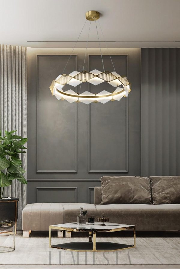 Portland - Żyrandol diamentowy okrągły, mosiądz i alabaster