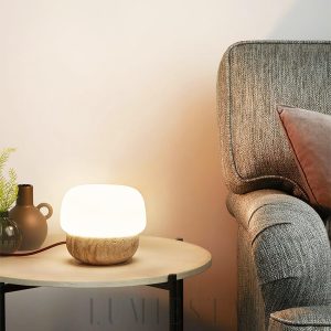 Doudou - Beżowa okrągła lampa stołowa z trawertynu