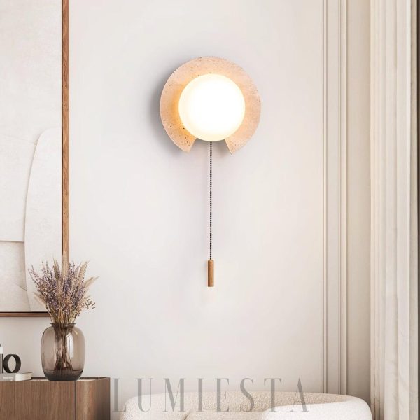 Trawertynowa okrągła lampa ścienna 22cm beżowa z łańcuszkiem