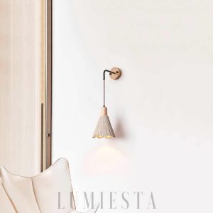 Olympia - Lampa ścienna z trawertynu, drewniany klosz, żółta