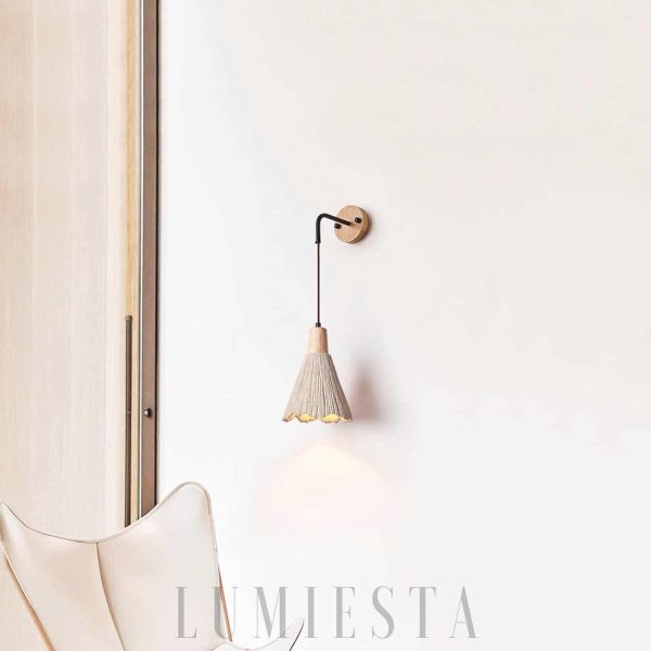 Olympia - Lampa ścienna z trawertynu, drewniany klosz, żółta