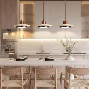 Travertynowa retro lampa wisząca dysk 20cm beżowy orzechowy