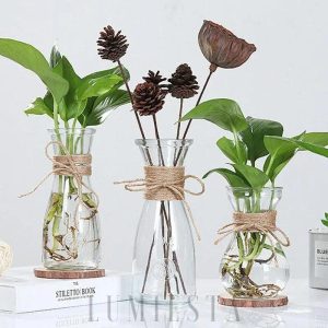 Stylowa szklana butelka dekoracyjna z juty 19 cm