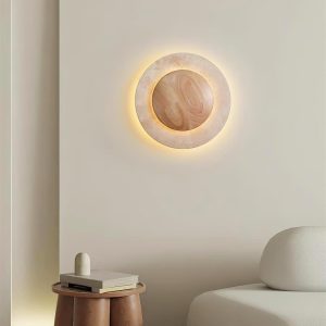 Elegancka okrągła lampa ścienna trawertyn drewno 25cm ciepła