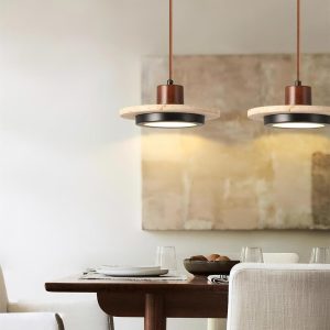 Travertynowa retro lampa wisząca dysk 20cm beżowy orzechowy