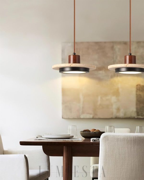 Travertynowa retro lampa wisząca dysk 20cm beżowy orzechowy