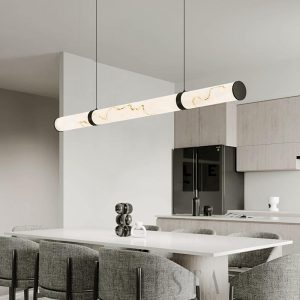 Lampa wisząca podłużna z alabastru, nowoczesna, biało złota 100/120/150 cm - Żyrandol nad stół