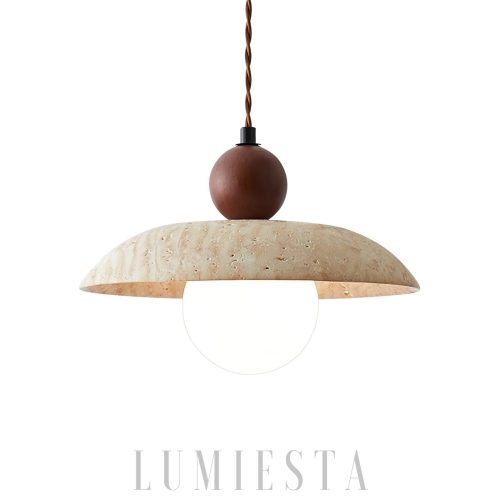 Lampa wisząca trawertyn z drewnianą kulą 25x20cm beż orzech