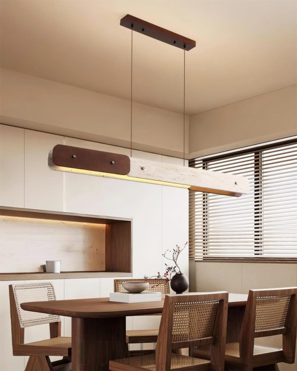 Lampa podłużna z trawertynu i drewna, 120cm, beżowy orzechowy do jadalni