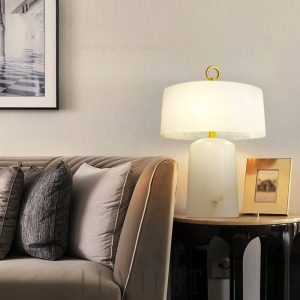 Luksusowa lampa stołowa alabastrowa walec 30x42cm mosiądz