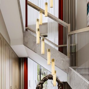 Benito - Mosiężna lampa wisząca Alabaster - kaskadowa