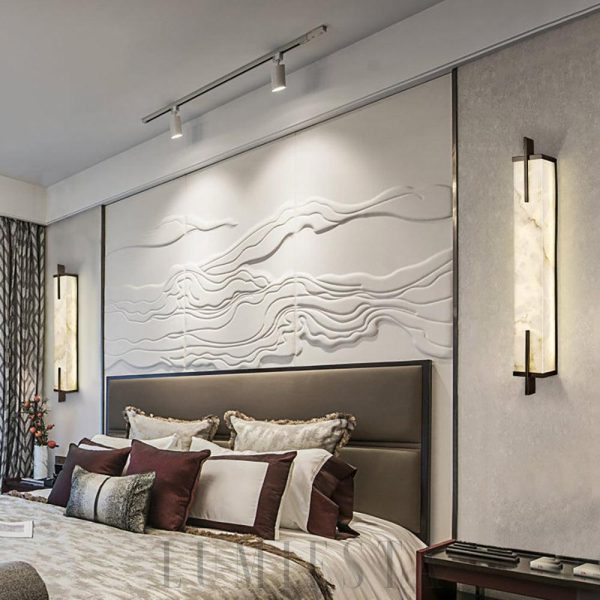 Calliope - lampa ścienna podłużna z alabastru, czarno-biały, kinkiet 60/80cm