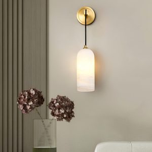 Petra - Nowoczesny kinkiet z alabastru biały - Klosz Ø 10cm x 26cm, złoto-biały do salonu