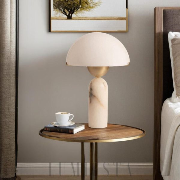 Peono - Alabastrowa lampa stołowa ze szklanym kloszem, biała ze złotym akcentem, 30 x 45 cm