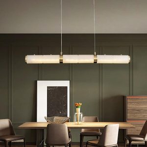 Omera - Cylindryczna lampa wisząca alabastrowa, biało-złota, 100/120/140 cm  - żyrandol nad stół