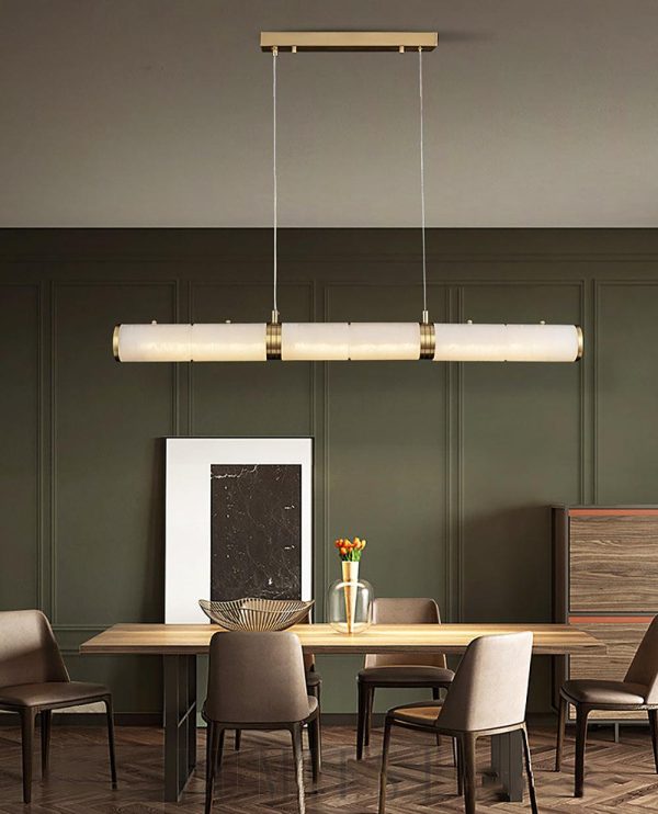 Omera - Cylindryczna lampa wisząca alabastrowa, biało-złota, 100/120/140 cm  - żyrandol nad stół