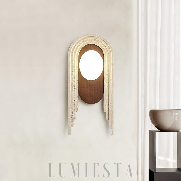 Vima - Beżowa lampa ścienna, trawertyn i drewno, stylowy kinkiet 18x40cm