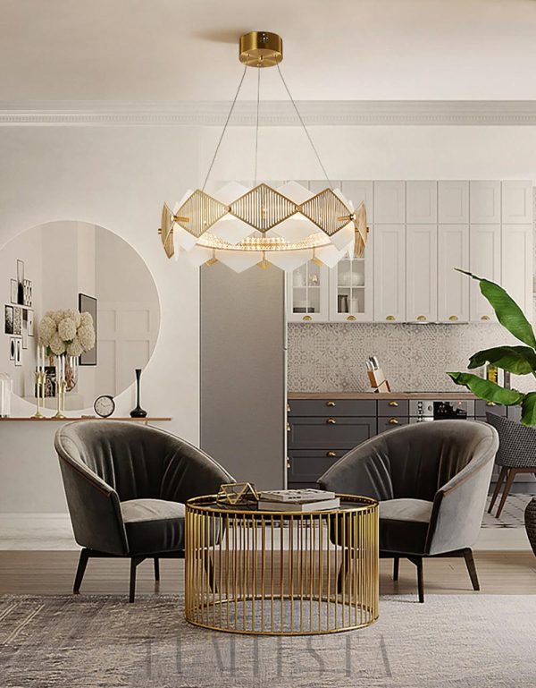 Portland - Żyrandol diamentowy okrągły, mosiądz i alabaster