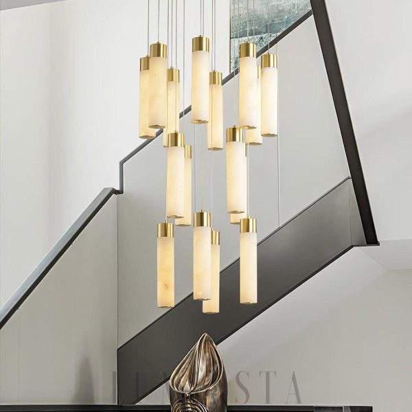 Benito - Mosiężna lampa wisząca Alabaster - kaskadowa