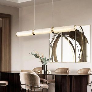 Omera - Cylindryczna lampa wisząca alabastrowa, biało-złota, 100/120/140 cm  - żyrandol nad stół