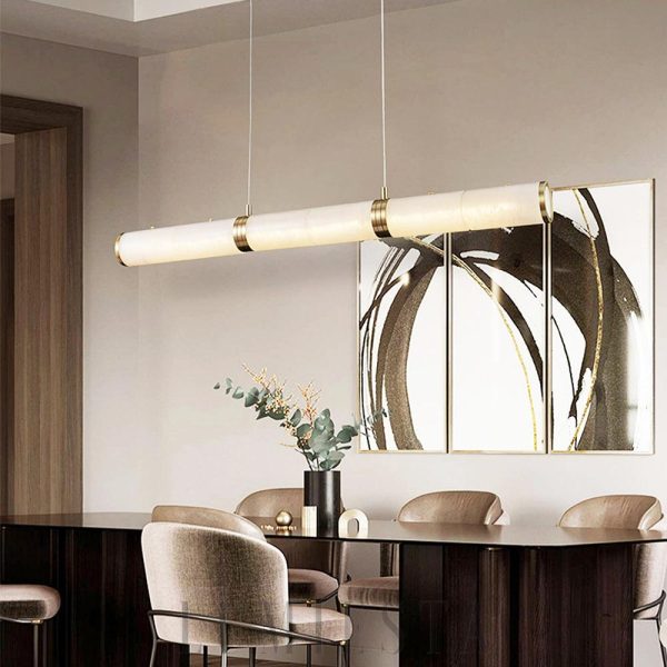 Omera - Cylindryczna lampa wisząca alabastrowa, biało-złota, 100/120/140 cm  - żyrandol nad stół