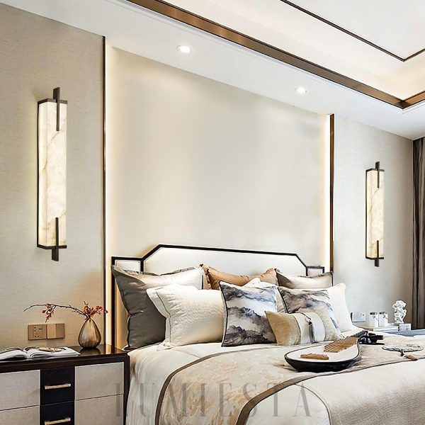 Calliope - lampa ścienna podłużna z alabastru, czarno-biały, kinkiet 60/80cm