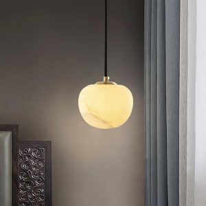 Kuntar - Okrągła lampa wisząca z alabastru biała/złota 15 cm