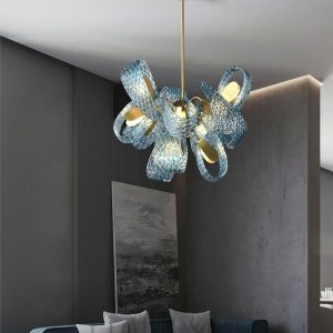 Warwick - Żyrandol niebieskie szkło, płatki, mosiężny 60 cm