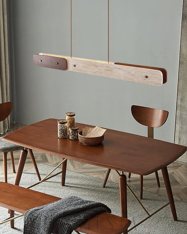 Lampa podłużna z trawertynu i drewna, 120cm, beżowy orzechowy do jadalni