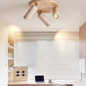 Cylindryczna lampa sufitowa z travertynem i drewnem 17cm