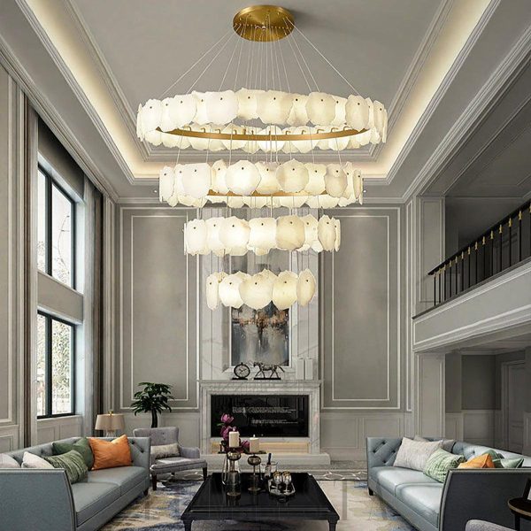 Letha - nowoczesny żyrandol wielopoziomowy, alabaster, złoto-biały, Ø 120/135/160 cm, do salonu