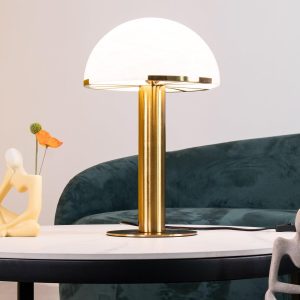 Hemi - Stołowa lampa hemisfera z alabastru, złoto-biała