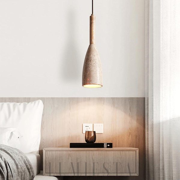 Keswick - Lampa wisząca z naturalnego trawertynu i drewna, 1-puntkowa, Ø10x27cm