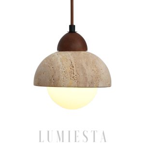 Półokrągła lampa wisząca z travertynu i beżowego szkła