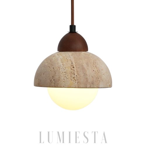 Półokrągła lampa wisząca z travertynu i beżowego szkła