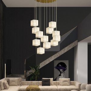Lampa wisząca Alabaster Cube Box w złotym i białym stylu