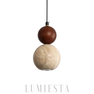 Elegancka lampa wisząca travertynowa z drewnem 10 cm