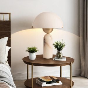 Peono - Alabastrowa lampa stołowa ze szklanym kloszem, biała ze złotym akcentem, 30 x 45 cm