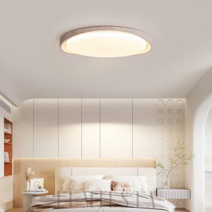 Okrągła lampa sufitowa Lumen Arc z trawertynu do sypialni