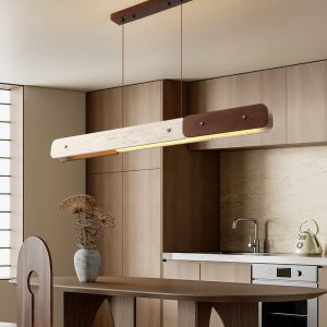 Lampa podłużna z trawertynu i drewna, 120cm, beżowy orzechowy do jadalni