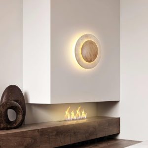 Elegancka okrągła lampa ścienna trawertyn drewno 25cm ciepła