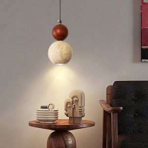 Elegancka lampa wisząca travertynowa z drewnem 10 cm