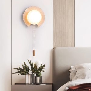 Trawertynowa okrągła lampa ścienna 22cm beżowa z łańcuszkiem